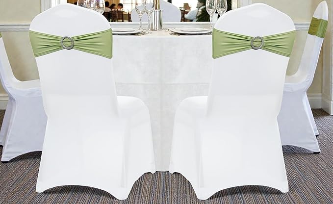 VDS - Sage Green | Spandex Chair Sashes Bows | 250 PCS | Stretch Elastic Banquet Universal Folding Chair Band Tie with Silver Buckle Slider for Wedding Party Conference Celebration Event Decoration