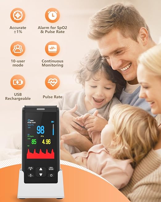 HealthTree JKS50F Pulse Oximeter Rechargeable Fingertip Pulse Ox, Handheld Pulse Oximeter, Finger Blood Oxygen Saturation Monitor with SpO2 & Pulse Rate, Portable Oxygen Meter Finger for Adults