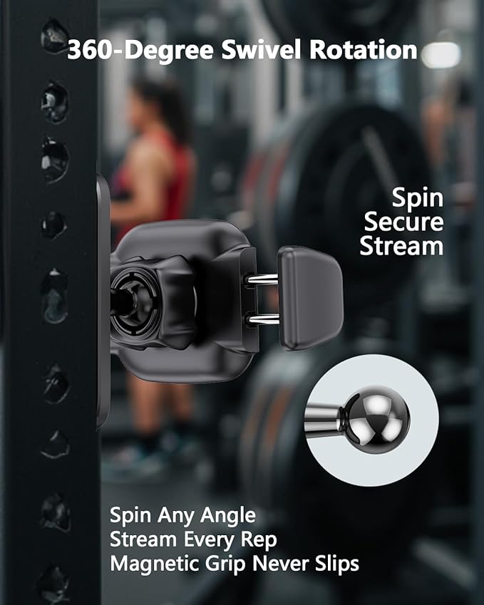 Gym Magnetic Phone Holder, 360° Adjustable Magnetic Phone Mount for Gym Attach to Metal Surface, Fitness Equipment Accessories for HIIT Timers Home Gym and Golf Cart