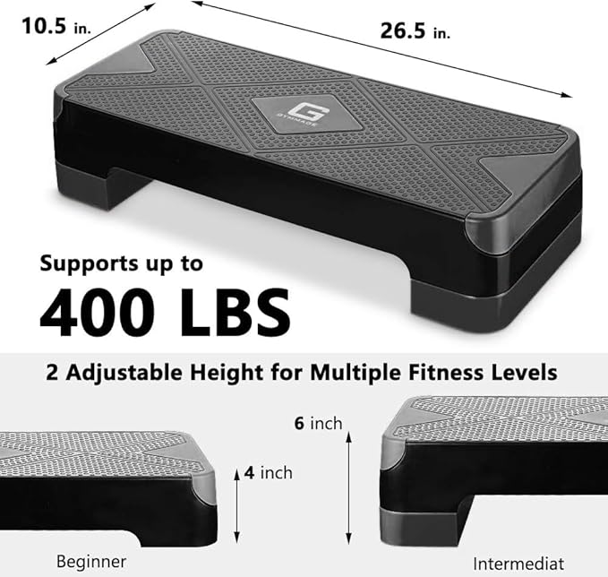 GYMMAGE Adjustable Workout Aerobic Stepper, Aerobic Exercise Step Platform with 2 Risers, Exercise Step Deck for Fitness, 26.5" Trainer Stepper with Non-Slip Surface Home Gym & Extra Risers Options