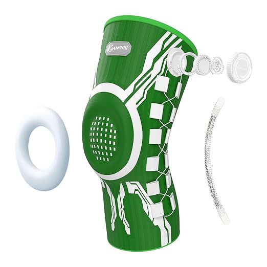 Kuangmi Knob Knee Brace for Pain Relief, Knee Support with Patella Gel Pad & Side Stabilizers, Compression Knee Sleeve for Workout, Arthritis, Joint Pain, Meniscus Tear (Green White,Left,Medium,Single)