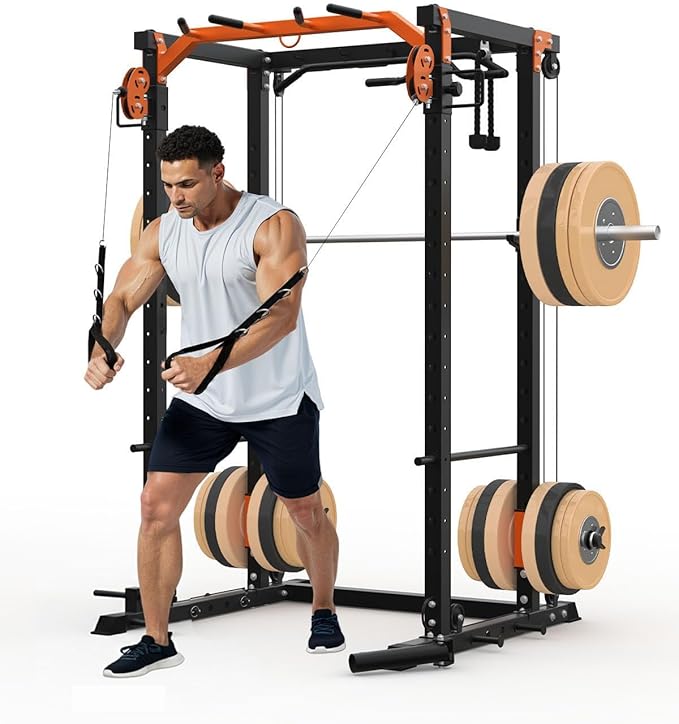 Power Cage, Power Rack with Cable Crossover System, 2000LBS Squat Rack with LAT Pull Down System, Workout Cage with Pulley System for Fitness Home Gym Strength Training (Red&Black)