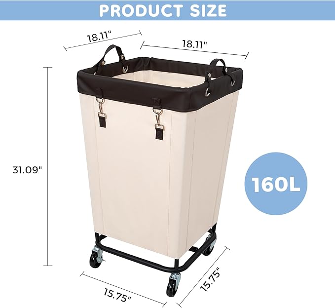 FLYBOX Laundry Hamper with Wheels, 160L Clothes Large Laundry Basket with Steel Frame and Removable Canvas Laundry Bag, Dirty Cloth Hamper for Home, Closet, Dorm, Bathroom, Laundry Room, Beige