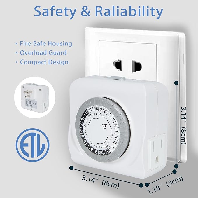 24-Hour Mechanical Timer for Electrical Outlets, Dual 3-Prong Outlets, 30-Minute Intervals, for Room Lights and Home appliances, 125V 15A, ETL Certified