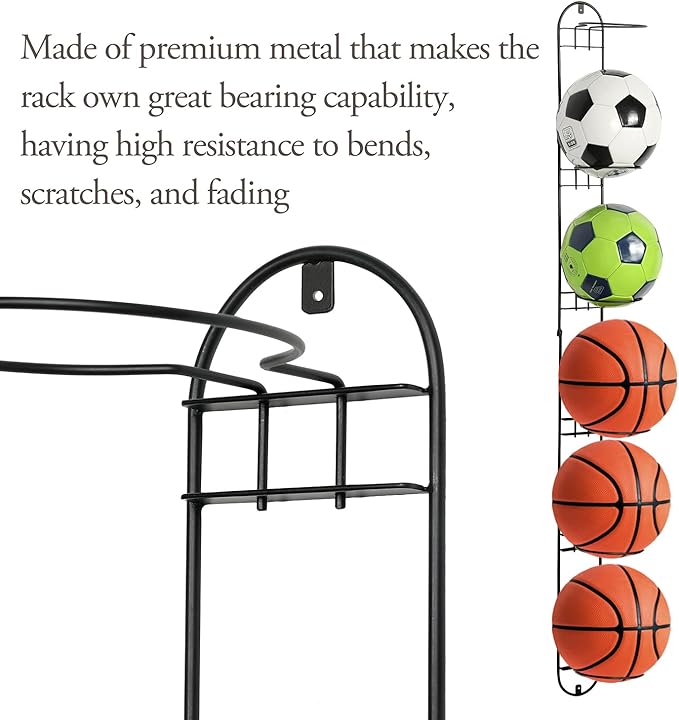 MyGift Modern Black Metal Sports Ball Storage Rack, Medicine Ball, Basketball, Soccer Ball, Volleyball Wall Holder for Gym or Garage