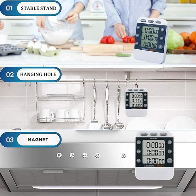 Digital Dual Kitchen Timer for Cooking, 3 Channels Count Down/up Triple Multi Timers for Food, Magnetic Memory-Preset Large-Display Adjustable Alarm Volume, 3A Battery Included
