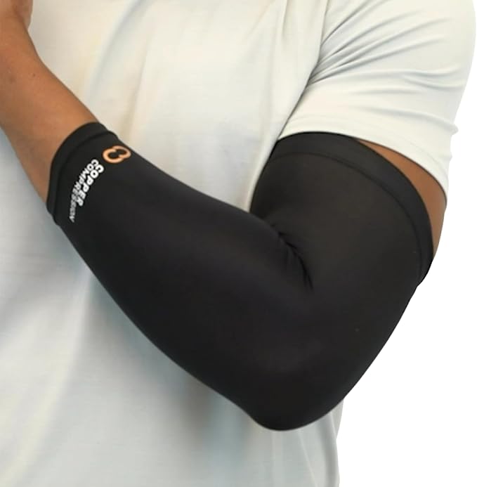 Copper Compression Arm Sleeve - Copper Infused Full Arm Brace for Forearm, Bicep, Triceps - Tennis Elbow, Basketball, Golf, Arthritis, Tendonitis, Bursitis, Post Surgery Rehab - Black - S