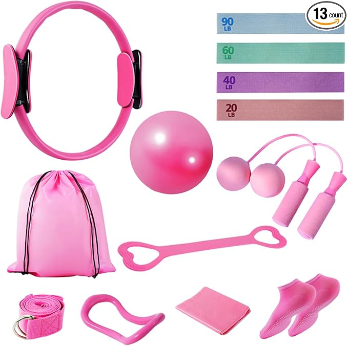 Home Pilates Kit for Women, Workout Set with 12.9" Ring, 9.8" Mini Ball, 4 Fabric Bands, Figure-8 Band, Stretch Band, D-Ring Strap, Cordless Jump Rope, Socks, Carry Bag