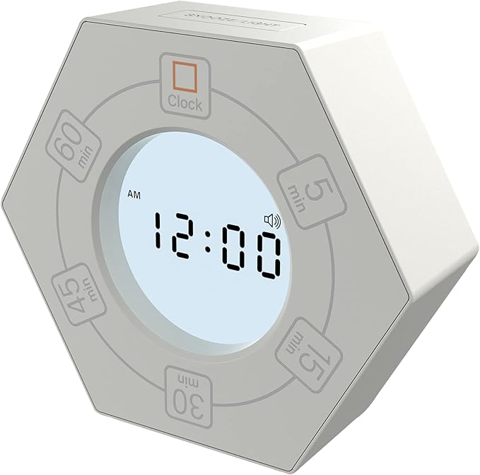 Hexagon Rotating Productivity Clock, Pomodoro Timer with 5,15, 30, 45, 60 Minute Presets, Timer for People with ADHD (White)
