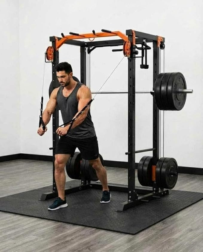 Power Cage with LAT Pulldown & Cable Crossover System, 2000LBS Multi-Functional Power Rack, All-in-1 Weight Cage Home Gym with Adjustable Pulley System, Squat Rack for Garage, Home