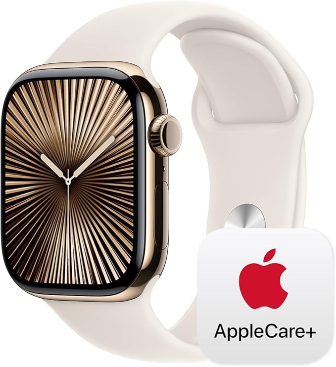 Apple Watch Series 10 [GPS + Cellular 42mm] with Gold Titanium Case with Starlight Sport Band - S/M. Fitness Tracker, ECG App, Always-On Retina Display, Water Resistant with AppleCare+ (2 Years)
