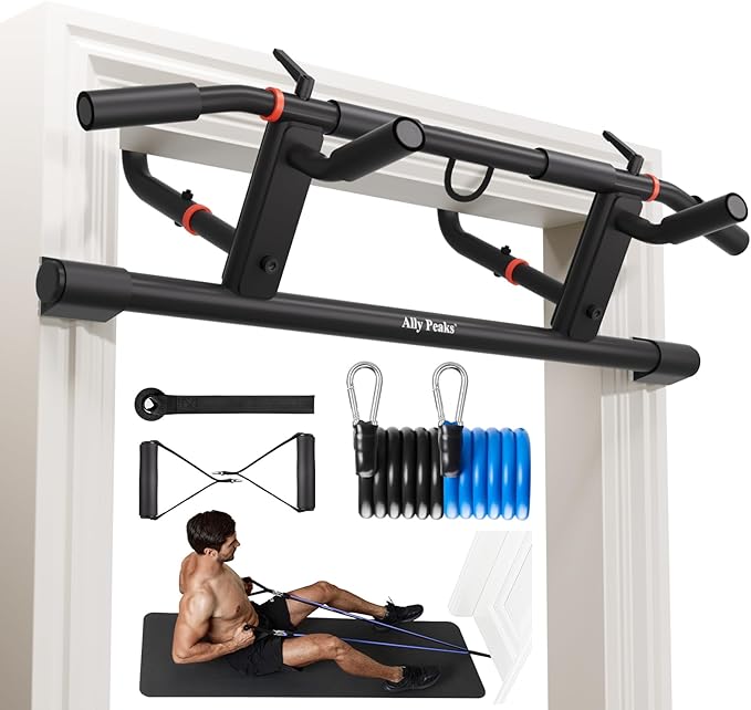 Ally Peaks Pull Up Bar for Doorway,Adjustable Handle Width Pullup Bar with 2Pcs Exercise Resistance Bands,New 2026 Upgraded At Home Workout Equipment Chin Up Bar,Multiple Original U.S. Patents