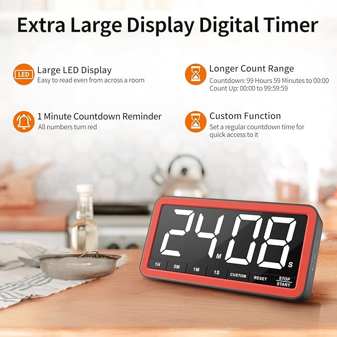 VOCOO Digital Kitchen Timer with 7.8” Extra Large Display, Magnetic LED, with 3 Brightness, 4 Alarms and 3 Volume Levels, Battery Powered Countdown Count Up Timer for Cooking, Classroom, Home Gym