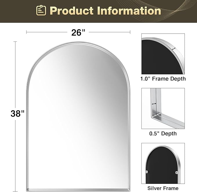Brightify Arched Mirror, Arched Wall Mirror, 26 x 38 Inch Silver Arch Mirror, Metal Frame Silver Bathroom Mirror, Arched Top Bathroom Vanity Mirror for Living Room Bedroom Mantel Entryway Hallways