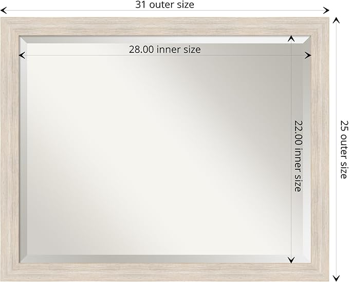 Amanti Art White Bathroom Mirror for Over Sink, 25x31 Hardwood White Wash Narrow Rectangle Vanity Mirror, Large Rustic Farmhouse Wood Frame, Hangs Horizonally and Vertically, Bathroom Wall Decor