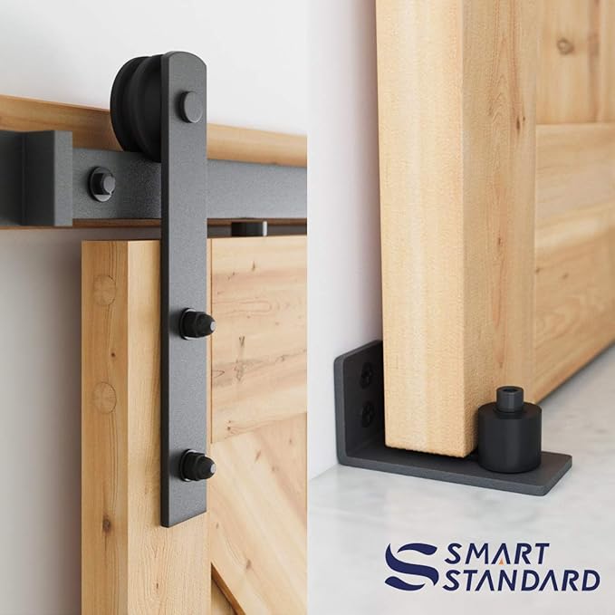 SMARTSTANDARD 8 FT Heavy Duty Sturdy Sliding Barn Door Hardware Kit, Black, (Whole Set Includes 1x Pull Handle Set & 1x Floor Guide) Fit 42"-48" Wide Door Panel (I Shape Hanger)