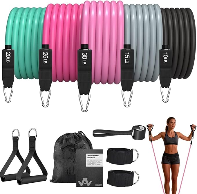 WHATAFIT Resistance Bands Set with Handles - Exercise Bands Home Gym Strength Training Equipment, Includes Door Anchor & Ankle Straps for Full Body Workout Bands, Physical Therapy
