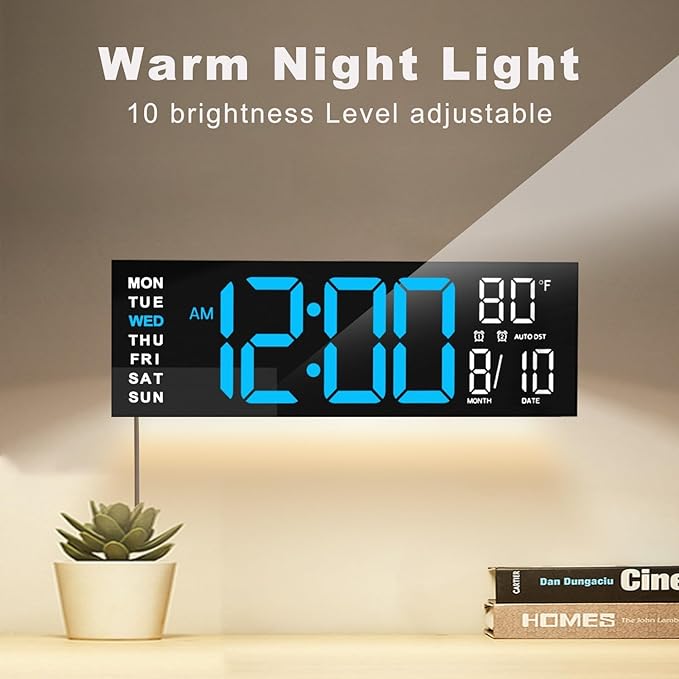 JALL 16" Large Digital Wall Mount Clock, Count Down Timer, Alarm, Big LED, RGB Color, DST, Temperature for Living Room Classroom Desk, Xmas, Birthday Gift for Senior Mom Dad (Blue White, 16 inches)