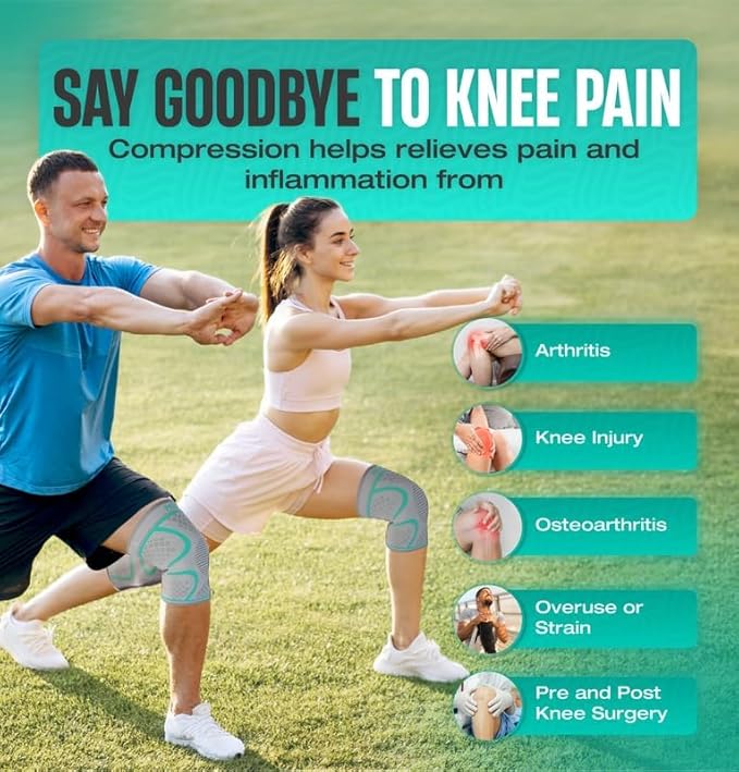 Modvel Compression Knee Brace for Women & Men - 2 Pack Knee Brace for Women Running Knee Pain, Knee Support Sleeve, Workout Sports Braces for Meniscus Tear ACL & Arthritis Pain Relief Grey/Turquoise Medium