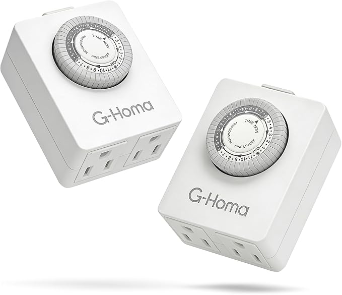 G-Homa 24-Hour Mechanical Timer Outlet 2 Pack, Dual Grounded 3-Prong Outlets, 30-Minute Intervals, Slim Space-Saving Design, Indoor Use for Lamps, Christmas Lights, Small Appliances & Holiday Decor