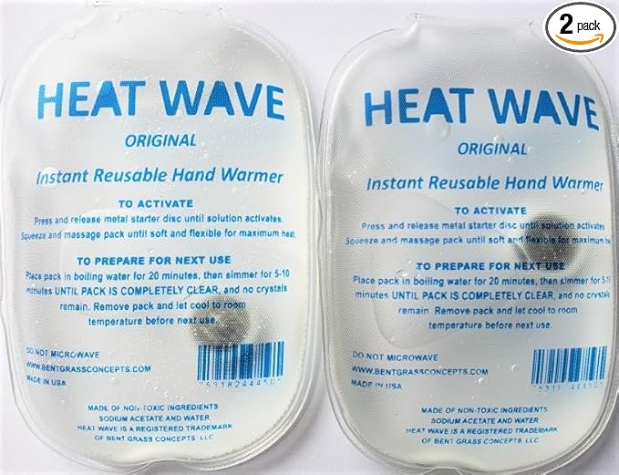 Heat Wave Instant Reusable Heat Packs Small 2-Pack Clear: Instant Reusable Hand Warmers for Camping, Hiking, and Pain Relief (3” x 5”), Click Heat Safe, Non-Toxic and Made in USA