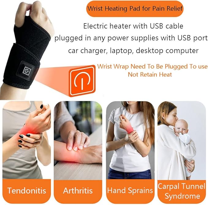 USB Wrist Brace Heating Pad Adjustable Heated Wrist Brace Wrap 3 Heating Levels Wrist Warmer Electric Heating Pad for Wrist and Hand Wrist Support to Relieve Pain
