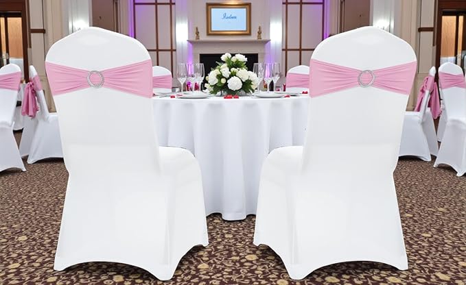VDS - Blush Pink | Spandex Chair Sashes Bows | 150 PCS | Stretch Elastic Banquet Universal Folding Chair Band Tie with Silver Buckle Slider for Wedding Party Conference Celebration Event Decoration
