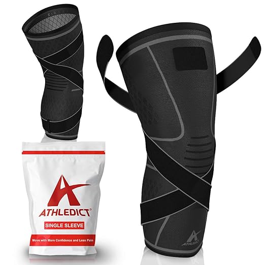 ATHLEDICT Knee Brace Compression Sleeve with Strap for Best Support & Pain Relief for Meniscus Tear, Arthritis, Running, Basketball, MCL, Jogging and Post Surgery Recovery for Men & Women (Black, S)