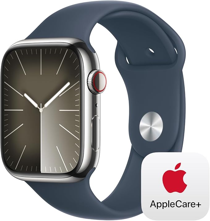 Apple Watch Series 9 [GPS + Cellular 45mm] Smartwatch with Silver Stainless Steel Case with Storm Blue Sport Band S/M. with AppleCare+ (2 Years)