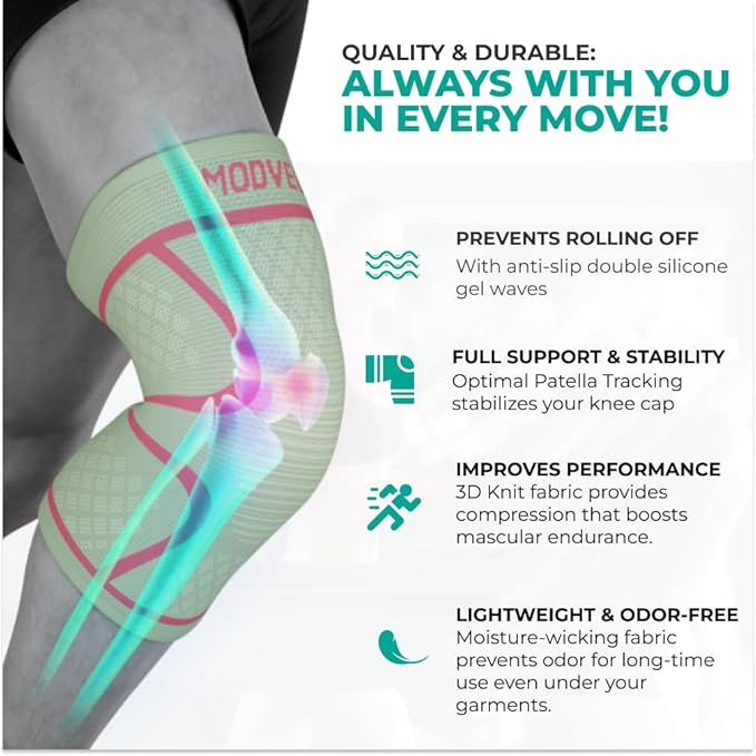 Modvel Knee Braces for Knee Pain Women & Men - 2 Pack Knee Brace for Knee Pain Set, Knee Brace Compression Sleeve, Knee Support for Knee Pain Meniscus Tear, ACL & Arthritis Pain Relief,Cream/Pink XS
