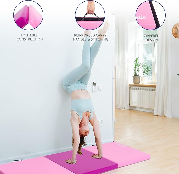 Matladin 6' Folding Tri-fold Gymnastics Gym Exercise Aerobics Mat, 6ft x 2ft x 2in PU Leather Tumbling Mats with Hook & Loop Fastener for Stretching Yoga Cheerleading Martial Arts