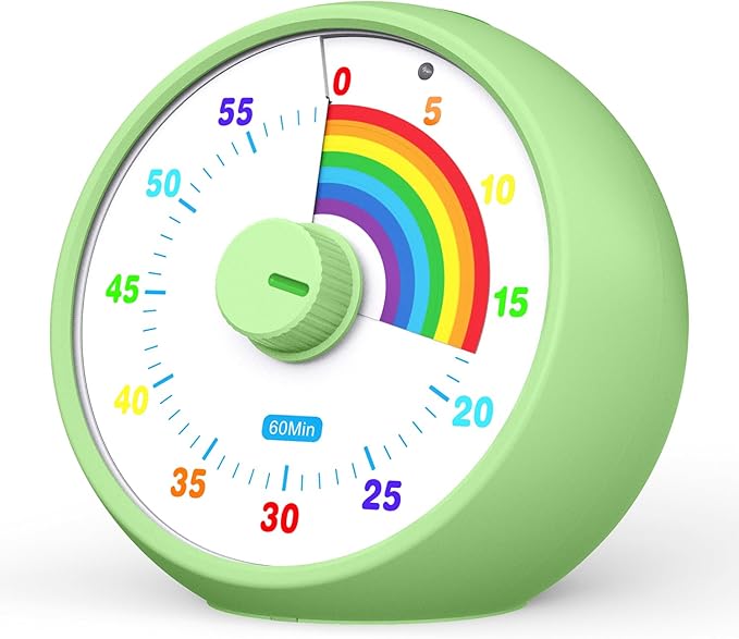 Visual Timer for Kids, 60-Minute Countdown Timer for Classroom Office Kitchen, Desk Timer Kids Time Management Tools with Silent Operation, Pomodoro Time Rainbow Pattern (Green)