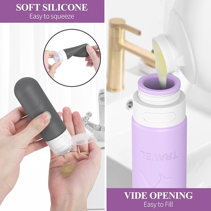 ME.FAN 18 Pack Travel Bottles for Toiletries, TSA Approved Travel Size Containers Set, Silicone Squeezable Portable Split Bottle, Travel Accessories for Conditioner, Shampoo, Lotion - Purple