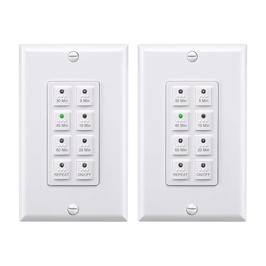 BN-LINK Countdown Digital Wall Timer Switch for Exhaust Fan with Push Button 5-10-20-30-45-60mins, Bathroom Fan Light Switch Timer Indoor, Neutral Required, Wall Plate Included, White, 2 Pack