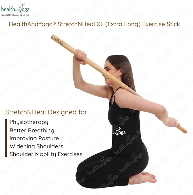HealthAndYoga™ StretchNHeal Collapsible Multi-Use Wooden Yoga Stick - Regular and XL - Portable Posture Corrector Pole, Stretch Mobility Stick, Physical Workout Exercise Dowel
