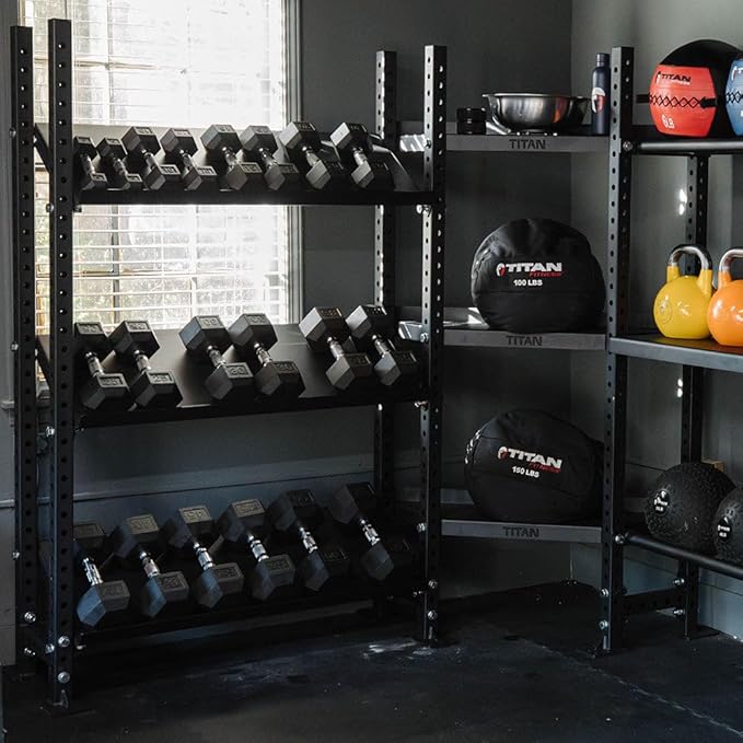 Titan Fitness Elite Series Mass Storage System for Dumbbell Kettlebell Slam Ball Storage, Core Unit, Bolt-On Adjustable Shelves, Home Gym Storage Rack for Workout Equipment