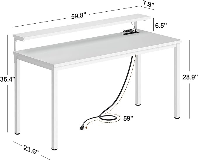 Need 60 inch Computer Desk with LED Lights & Power Outlets, Large Home Desk with Monitor Shelf, Writing Table Gaming Desk Home Office Desk, White