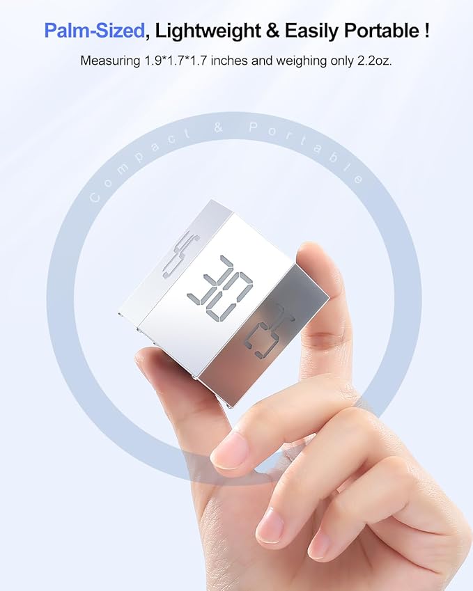 Ticktime Pomodoro Timer, Productivity Timer Cube, 5/15/25/30/45/60 Min Presets, Custom Countdown & Stopwatch 1s–99m59s, Sound/Vibration/Silent, Magnetic, Rechargeable, for ADHD Study Work, Silver