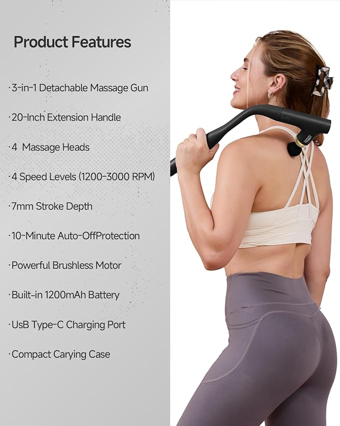 3-in-1 Muscle Massager Gun Deep Tissue with Long Handle, Back Massager for Pain Relief, Handheld Percussion Massager for Shoulder, Arm, Thigh, Waist, Neck