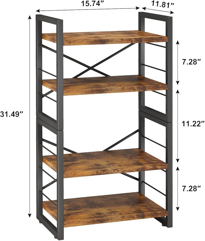 Homeiju Bookshelf, Dorm Desk Hutch, Desk Shelf Organizer, 4 Tier Stackable Bookcase, Adjustable Industrial Book Shelf Storage Organizer for Desktop, Living Room, Bedroom, Office,Rustic Black and Brown