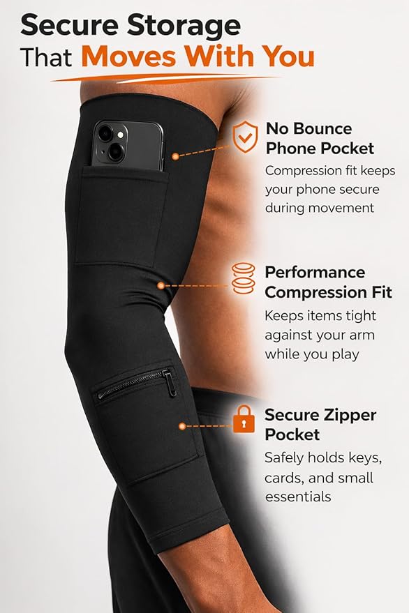 Hands-Free Arm Compression Sleeve with Secure Phone & Zipper Pocket - No-Bounce Running Arm Sleeve for Men & Women - Gym, Sports, & Workout (Black)