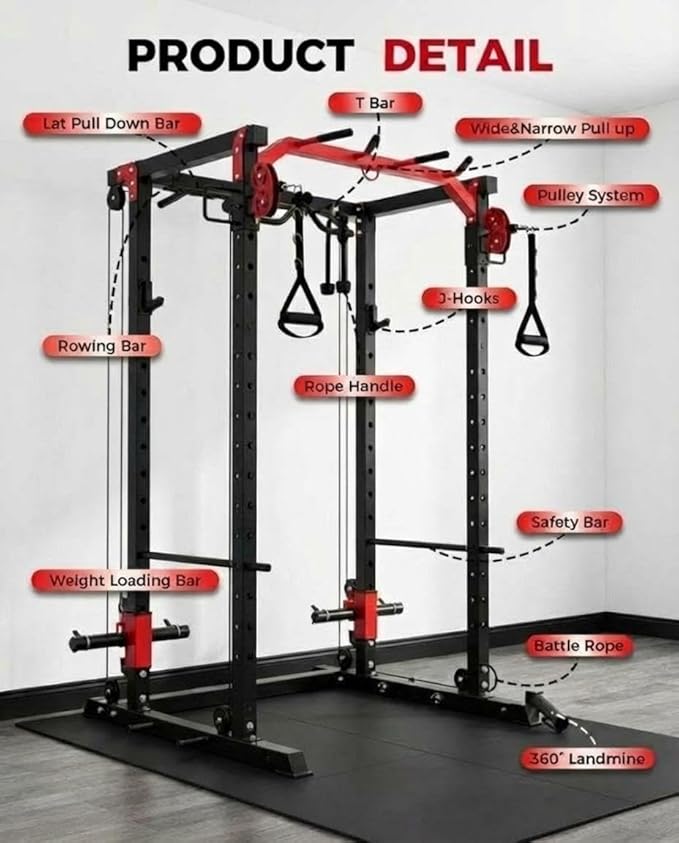 Power Cage with LAT Pulldown & Cable Crossover System, 2000LBS Multi-Functional Power Rack, All-in-1 Weight Cage Home Gym with Adjustable Pulley System, Squat Rack for Garage, Home