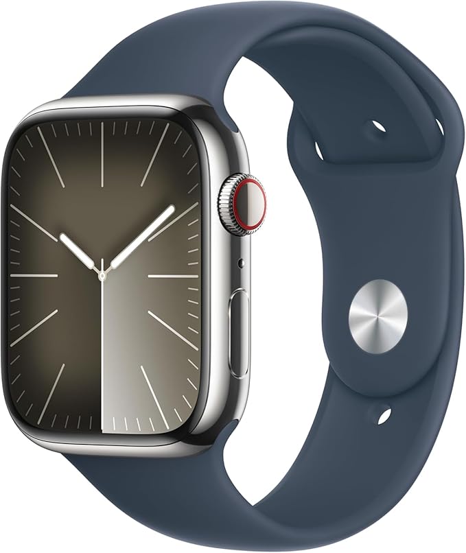Apple Watch Series 9 [GPS + Cellular 45mm] Smartwatch with Silver Stainless Steel Case with Storm Blue Sport Band S/M. Fitness Tracker, ECG Apps, Always-On Retina Display