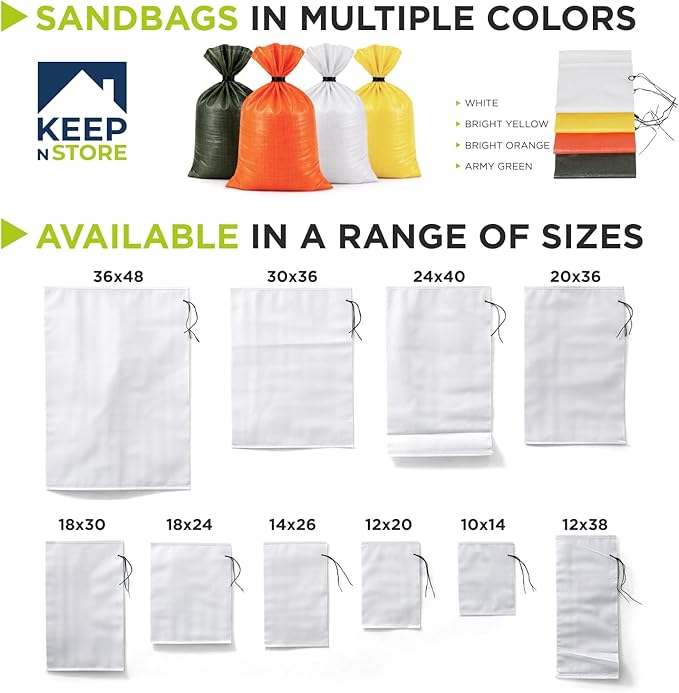 Heavy Duty Sand Bags Pack of 6, White Empty Sandbags with Built-In Ties, Woven Polypropylene UV Protection 1600 Hours, Fillable Bags for Flood Control, Weight, 24x40 inches, 125 Pounds Volume