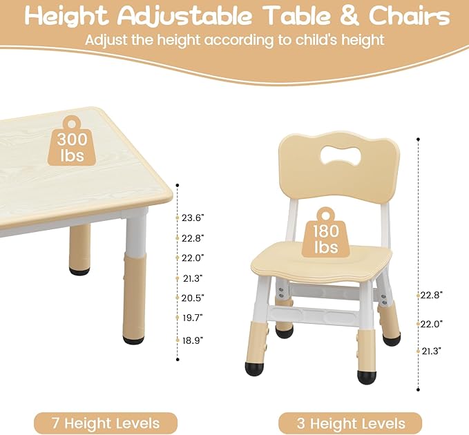 GarveeHome Kids Table and 6 Chairs Set, Height Adjustable Toddler Table and Chair Set, Graffiti Desktop, Children Study Play Dinner Table for Home Daycare Preschool for Ages 2-8, Beige