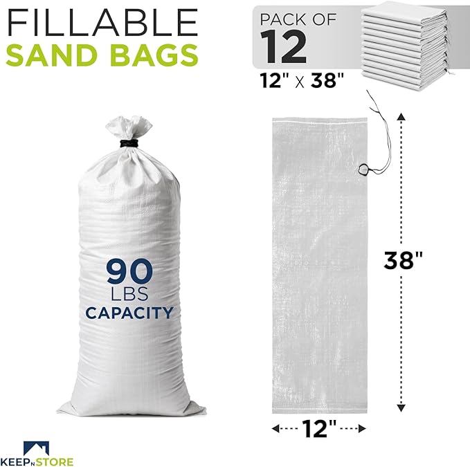 Heavy Duty Sand Bags Pack of 12, White Empty Sandbags with Built-In Ties, Woven Polypropylene UV Protection 1600 Hours, Fillable Bags for Flood Control, Weight, 38x18 inches, 90 Pounds Volume