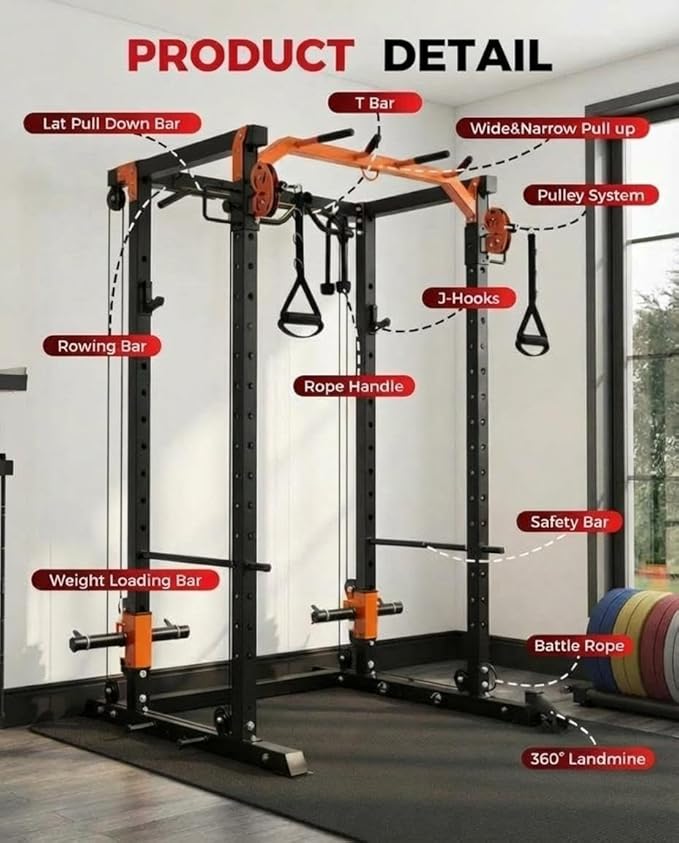Power Cage with LAT Pulldown & Cable Crossover System, 2000LBS Multi-Functional Power Rack, All-in-1 Weight Cage Home Gym with Adjustable Pulley System, Squat Rack for Garage, Home