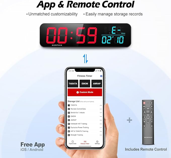 15.2" Gym Timer, App & Remote Control, Customizable LED Colors, Temperature, Date, Workout Interval Timer Stopwatch Countdown Large Digital Wall Clock for Home Gym Garage