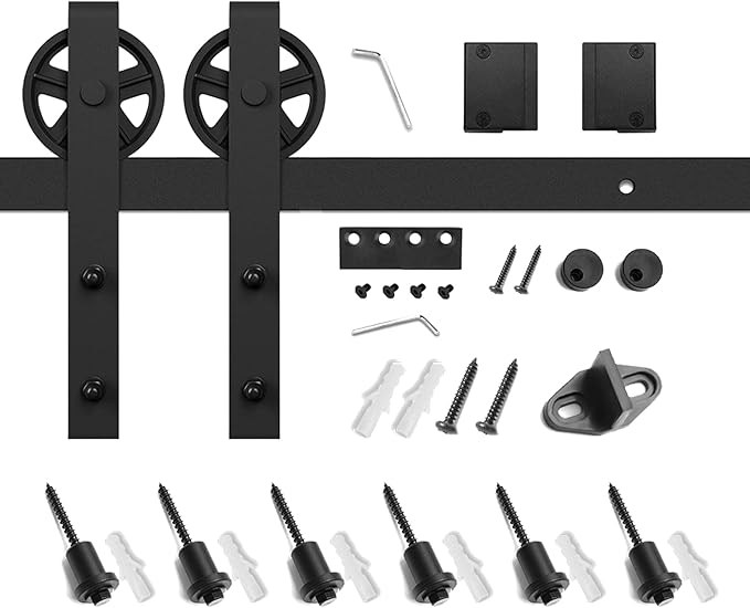 SMARTSTANDARD 8 FT Heavy Duty Sliding Barn Door Hardware Kit, 4FT - 18FT, Black, Smoothly and Quietly, Simple and Easy to Install, Fit 42"- 48" Wide Door Panel (Industrial Bigwheel Hangers)