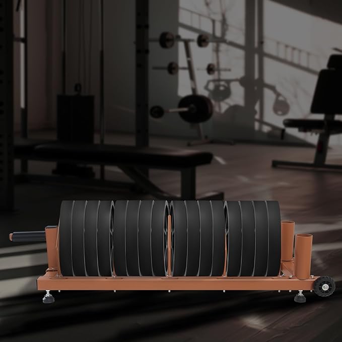 Olympic Barbell Plate Organizer with Steel Frame for home or gym,Horizontal Plate with Handle and Wheels, 300LBS Capacity, Brown